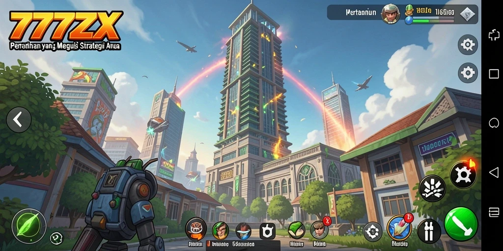 Tampilan gameplay 777ZX yang mendebarkan dalam pertarungan menara.