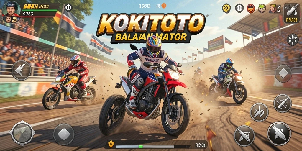 Tampilan gameplay menegangkan dalam KOKITOTO, dengan motor yang melaju kencang di trek balapan.