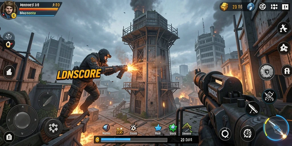Screenshot gameplay LDNSCORE menampilkan menara dan musuh dalam pertarungan yang intens.