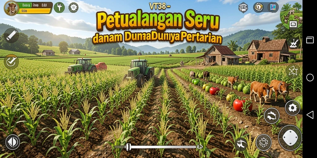 Tangkapan layar gameplay VT38 menampilkan momen seru bertani dan panen.